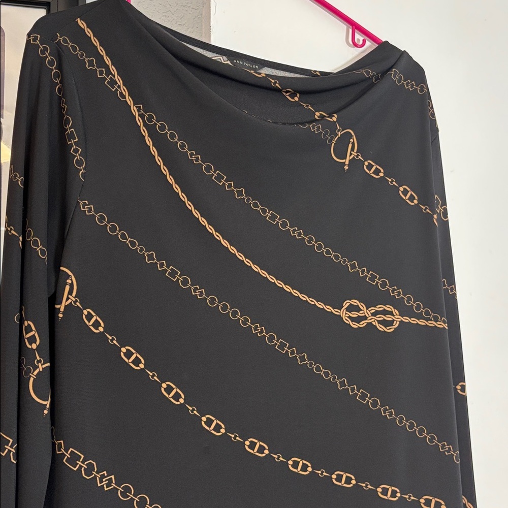 Ann Taylor Black Blouse with Gold Chain Design - Picture 2 of 3